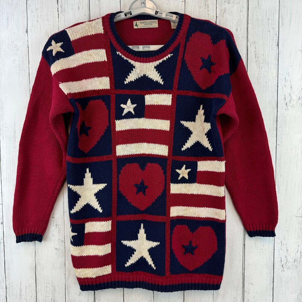 VTG Marsh Landing Red/Blue America Flag, Stars, Hearts Oversized Sweater Medium